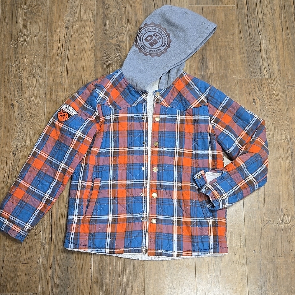 Blue and Red Button Down Shirt with Hood